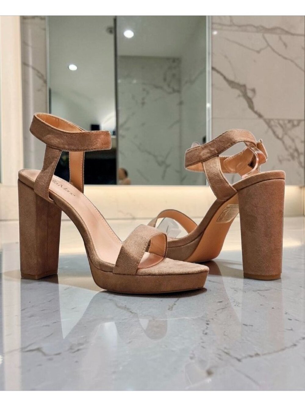 Taupe Faux Suede Block Heel Platform Sandals With Ankle Strap For Women